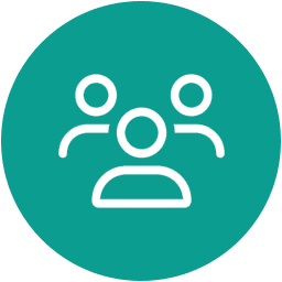 Icon depicting three outline figures, centered within a teal circle. The figures represent a group of people.